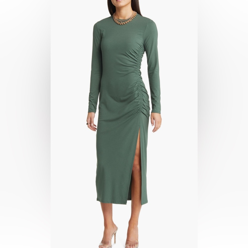 Open Edit Green Ruched Asymmetrical Sheath Dress- M